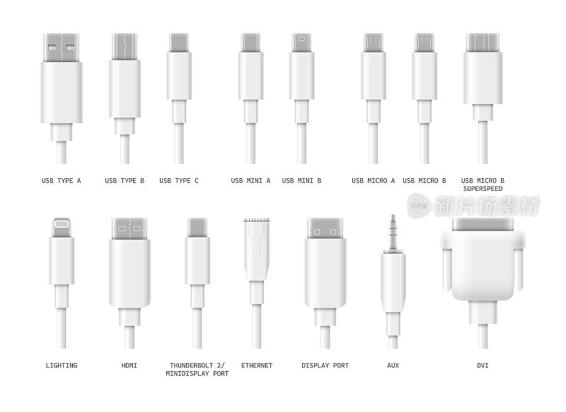 电缆连接器-矢量图标集。USB, HDMI，闪电，以太网和其他。现实的例子。白底隔离